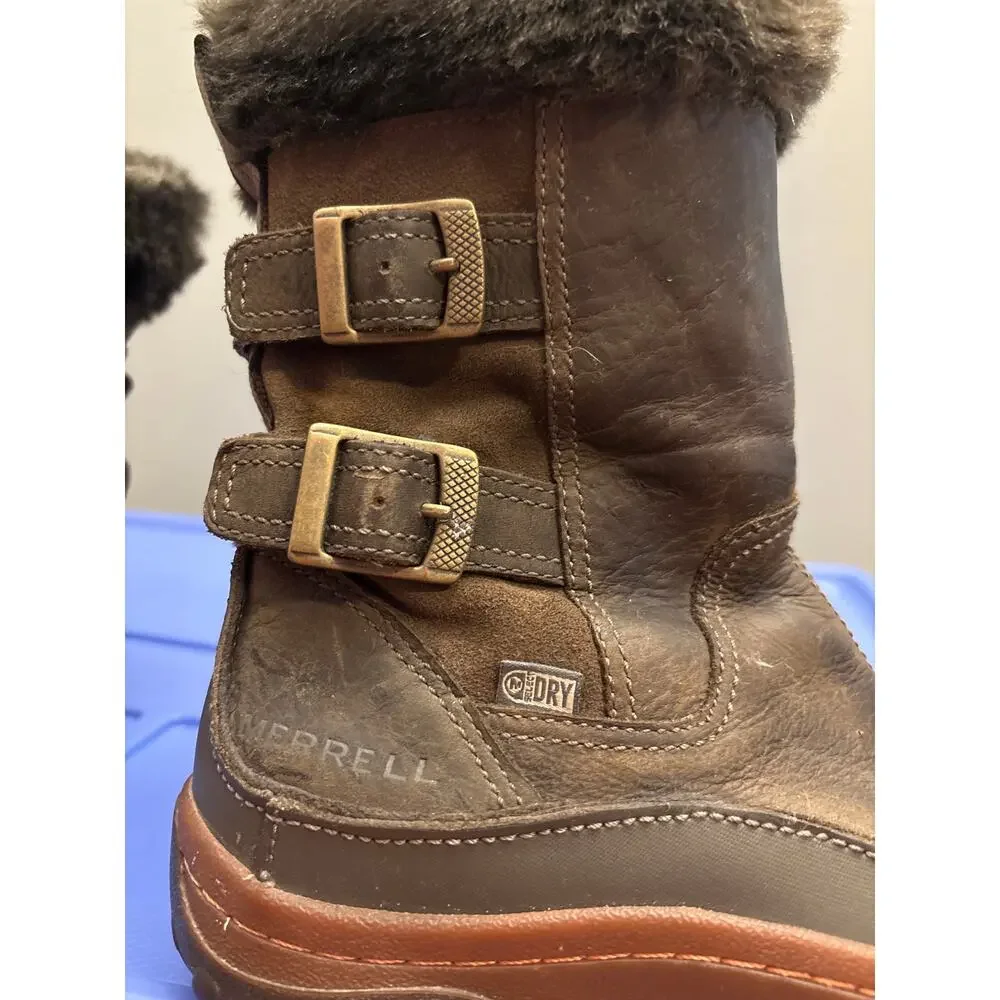 Merrell Womens Decora Chant Winter Boots Leather Buckles Side Zip Brown Size 6